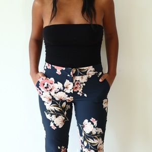Navy Blue Floral Print Trousers